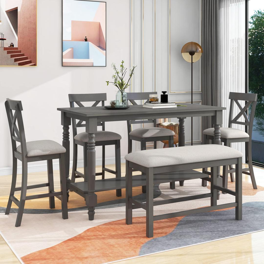 Modern 6 Piece Counter Height Functional Dining Set, Including 1 Table, 4 Chairs, and 1 Bench for Playroom, Living Room, Home Bar, and Kitchen, Gray