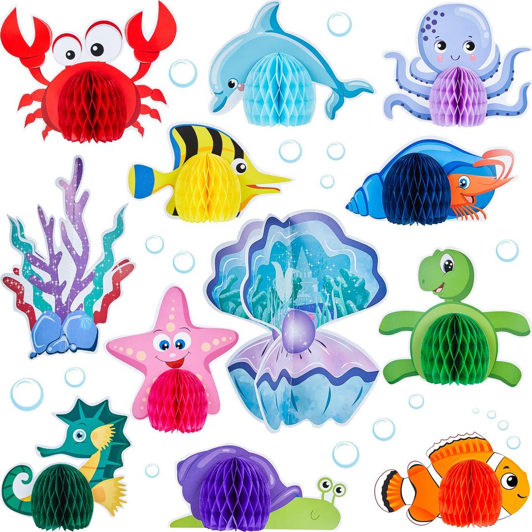 12 Pieces Under The Sea Party Decorations Ocean Sea Animal Honeycomb Centerpiece Ocean Themed Party Table Decoration Fish Sea Creature Mermaid Birthday Centerpiece for Beach Baby Shower Party Supplies