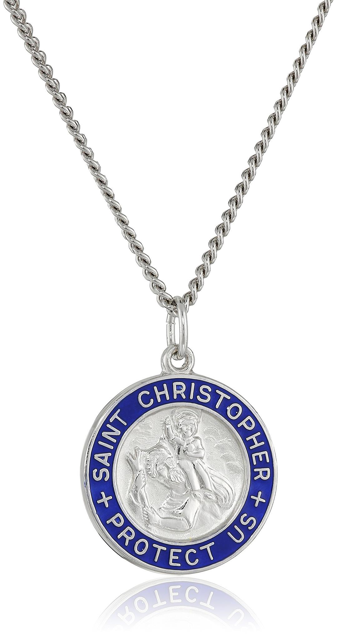 Amazon EssentialsSterling Silver Round Saint Christopher Medal Pendant Necklace with Blue Epoxy Edge and Rhodium Plated Stainless Steel Chain, (previously Amazon Collection)