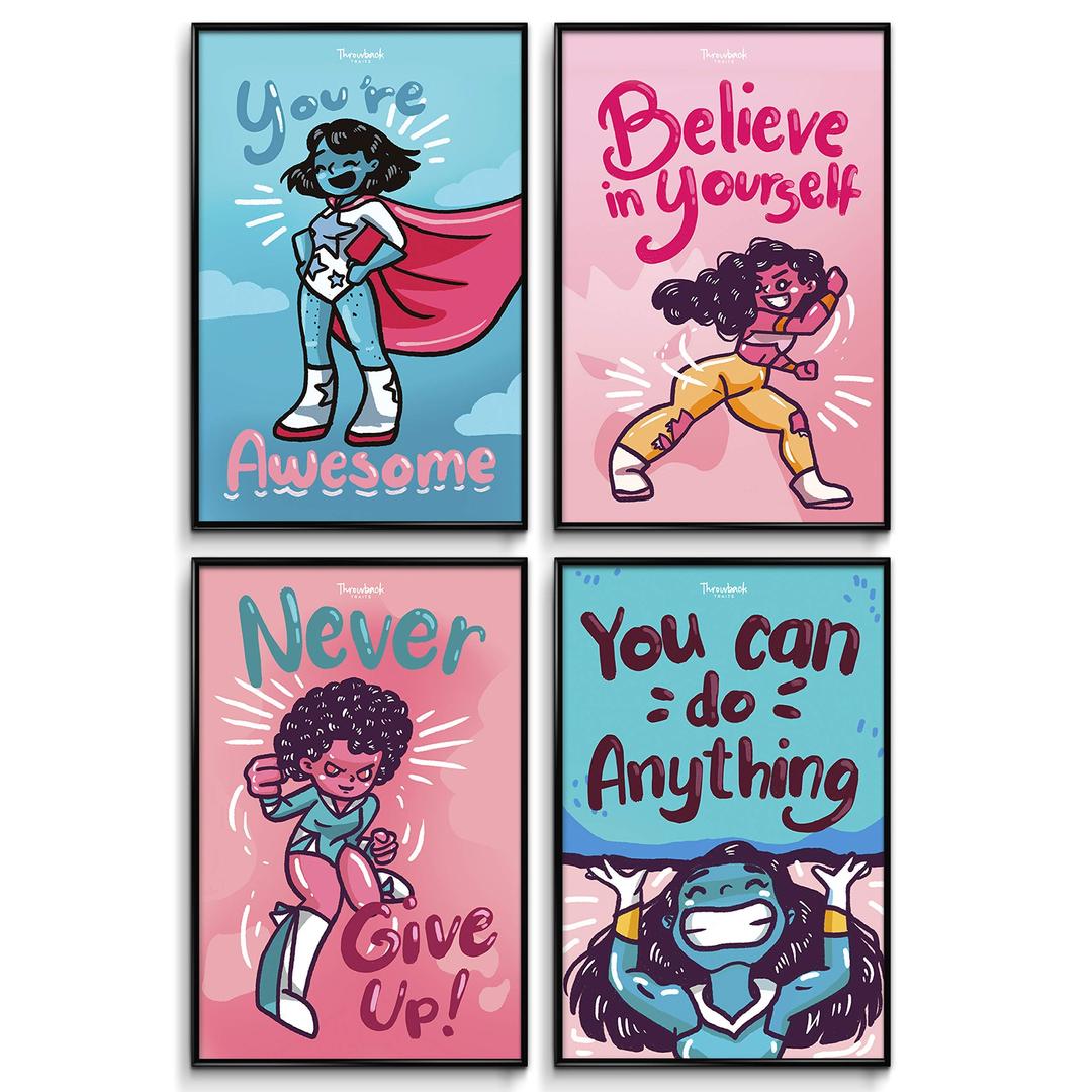 Girls Room Decor, Posters for Girls, Super Powerful Girls, Girl Wall Decor, Inspirational & Motivational Quotes for Girls & Teens, Kids Bedroom Wall Decorations, Teen Wall Art Set of 4 Poster 11x17in