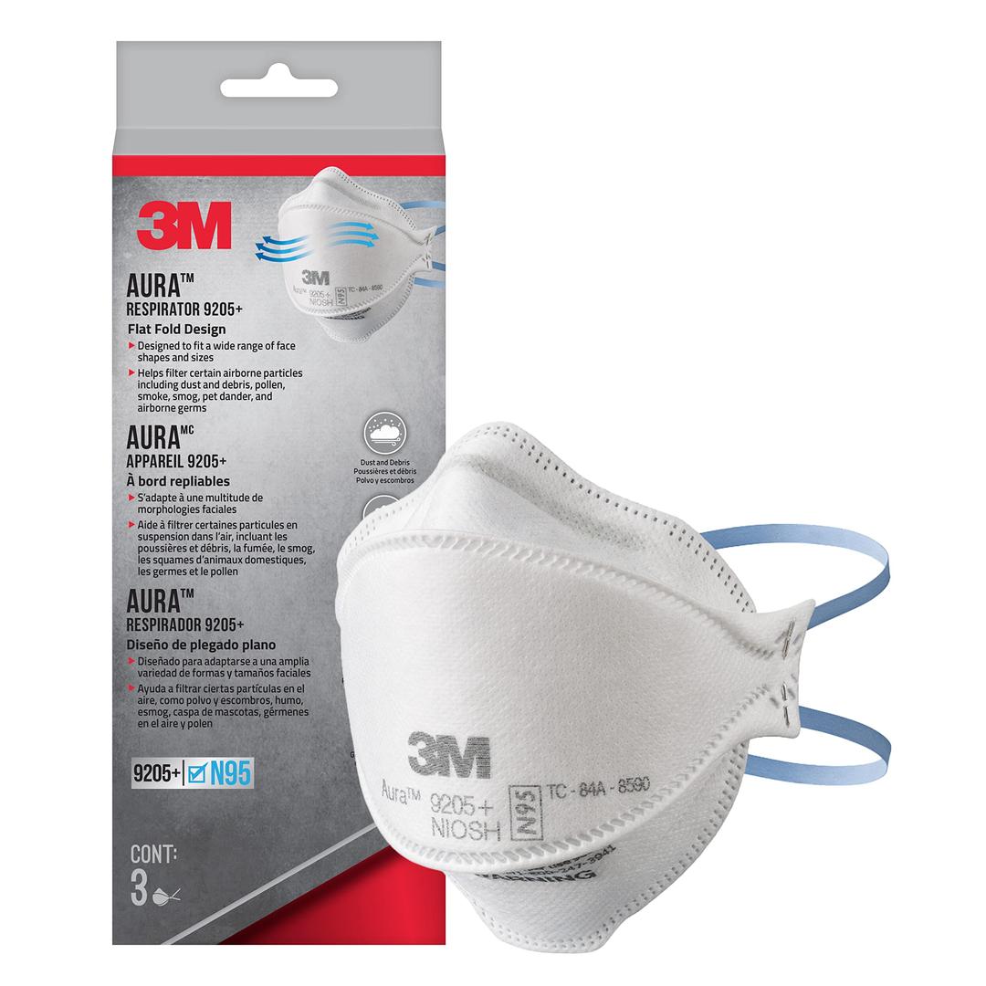 3M Aura Particulate Respirator 9205+ N95, Lightweight, 3 Panel Designed Helps Provide Comfortable and Convenient Respiratory Protection, 3-Pack