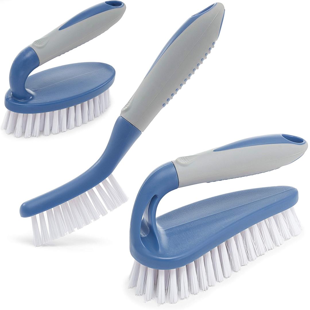 Trazon 3-Piece Scrub Brush Set - Blue, Durable Bristles, Ergonomic Handle, Ideal for Bathroom, Shower, Kitchen, Carpet, Floor, Bathtub, and More