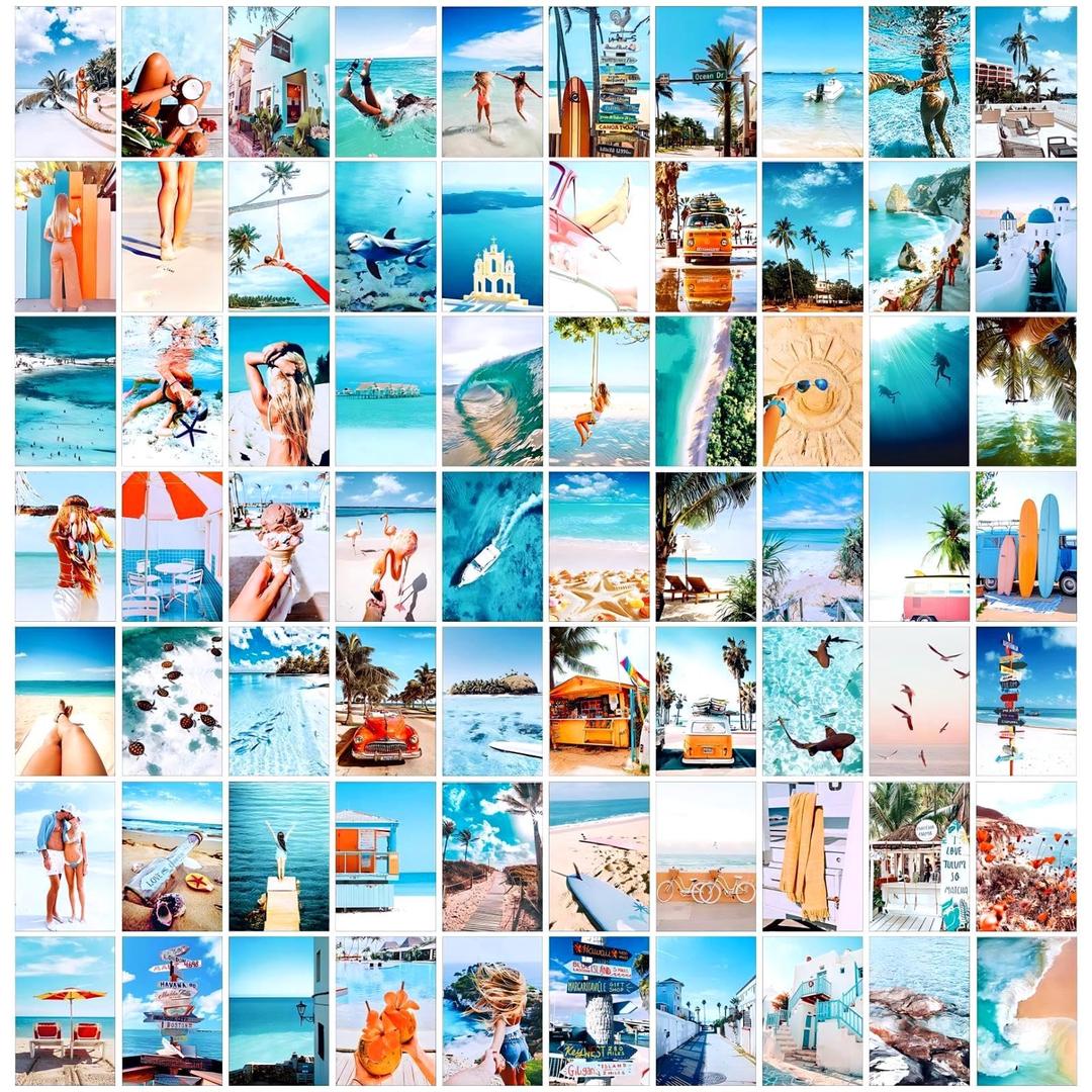 LCLAIDYDY 70PCS Blue Wall Collage Kit Aesthetic Pictures,Summer Beach Room Decor for Bedroom Trendy Small Posters for Room Aesthetic Dorm Photo VSCO Wall Decor Gift for Teen Girls 4x6