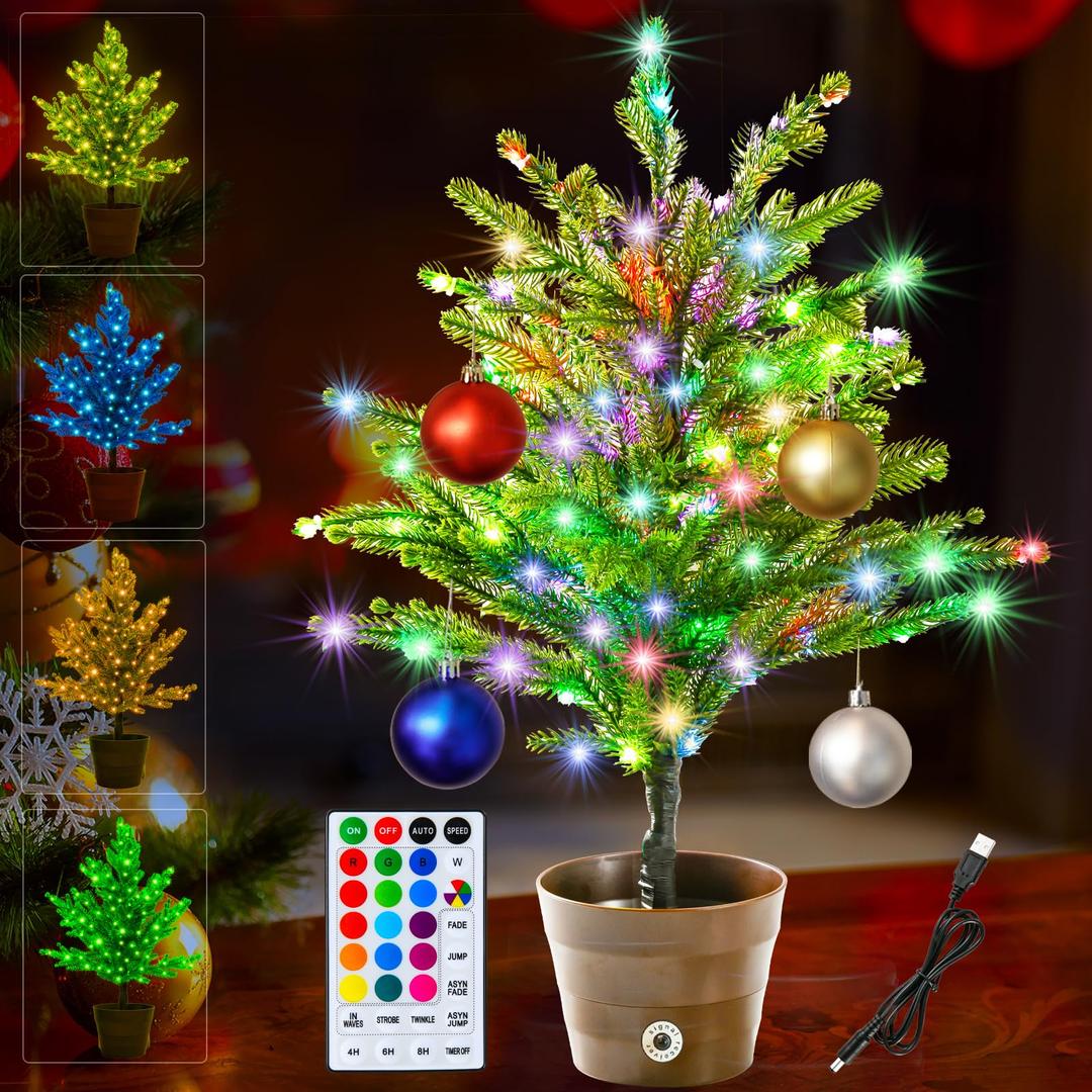 18 Colors Artificial Mini Christmas Tree, 20In Lighted Tabletop Xmas Tree with Color Changing LED Lights, Pre-Lit Small Christmas Tree in Pot Remote Timer Festive Party Holiday Fake Multicolored Tree