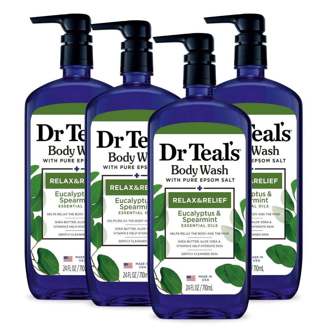 Dr Teal's Body Wash with Pure Epsom Salt, Relax & Relief with Eucalyptus & Spearmint, 24 fl oz (Pack of 4) (Packaging May Vary)