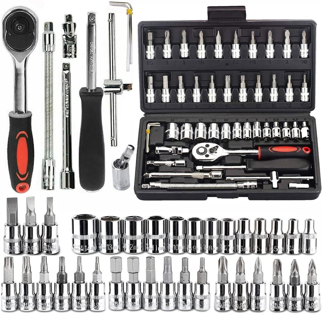 CrazyMart 46 in 1 Tool Kit & 1/4'' inch Screwdriver wrench set for Multi Purpose Combination Tool Case Extension Bar and Adapter for Bike, Car Repairs goti pana set 46 Pieces (Multicolor)