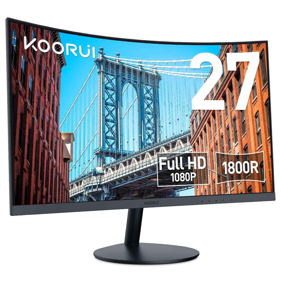 KOORUI 27 inch Curved Computer Monitor Full HD 1080P 75Hz Gaming Monitor 1800R LED Monitor HDMI VGA, Tilt Adjustment, Eye Care, Black 27N5C