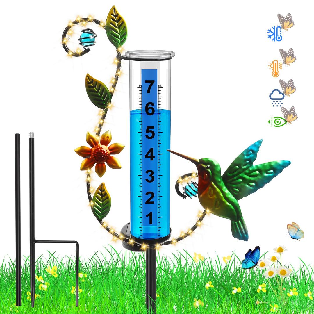 Rain Gauge Outdoor, Solar Powered Decorative Hummingbird Rain Gauges for Yard Garden Outdoors Best Rated, 7” Large Freeze Proof Glass Water Gauge for Rain Replacement Tube Wireless Rain Guage