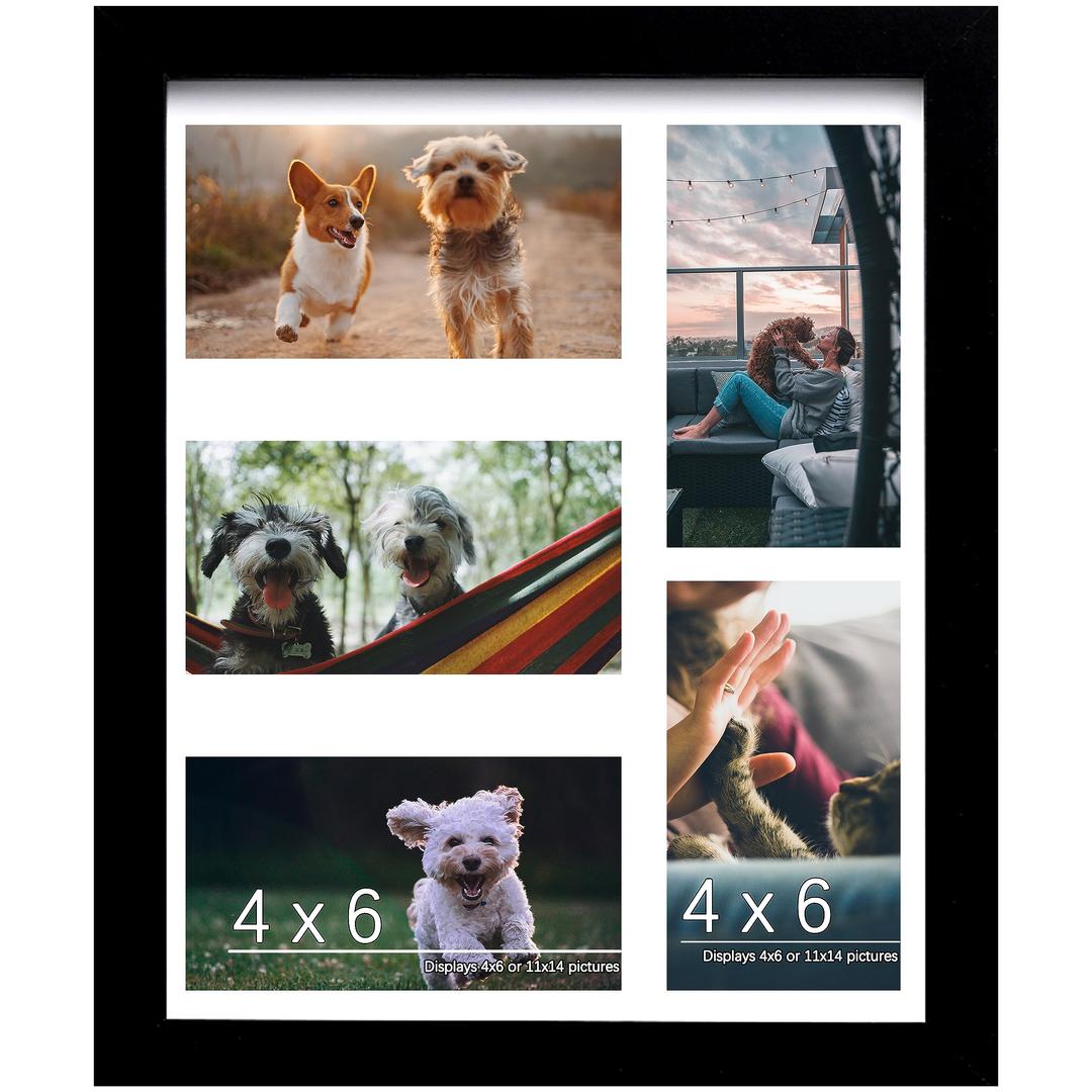 11x14 Collage Picture Frame, 4x6 Collage Picture Frame, Displays Five 4x6 inch Photos, or 11x14 (Without Mat) Wall Decor Wall Hanging or Tabletop, Black.