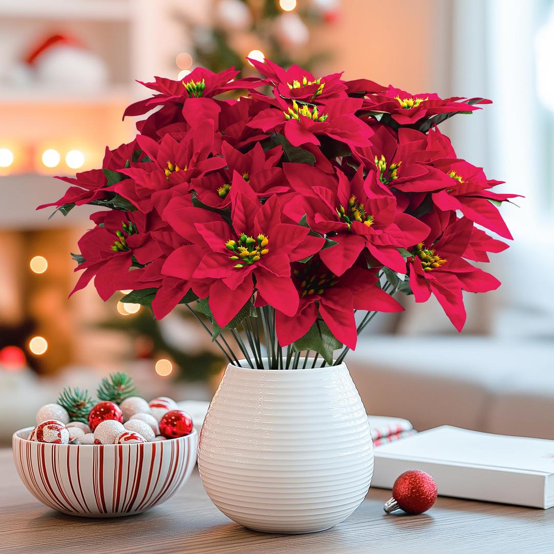 6 Bunches 7 Heads 17'' Poinsettia Artificial Flowers, Fake Poinsettia Bouquet, Table Decoration, Indoor and Outdoor Christmas Flowers for Vase/Table/Porch/Home Garden Decoration, Red