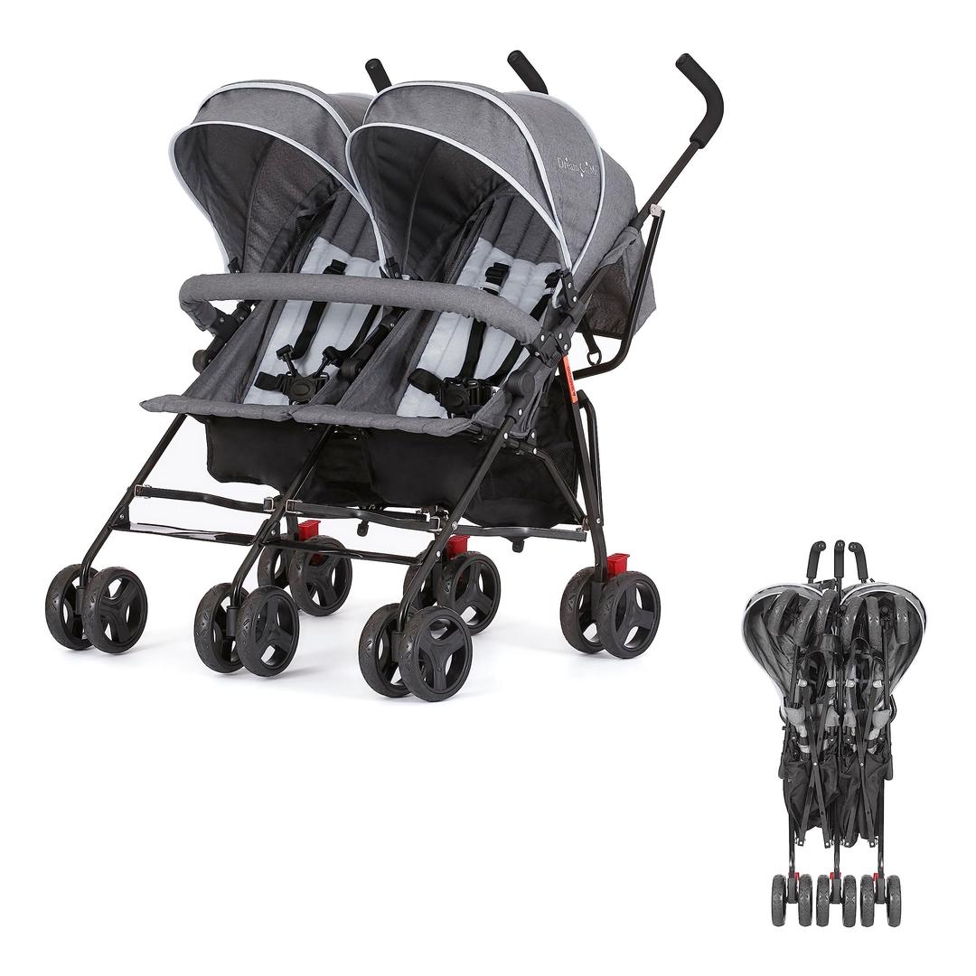 Dream On Me Volgo Twin Umbrella Stroller in Gray, Lightweight Double Stroller for Infant & Toddler, Compact Easy Fold, Large Storage Basket, Large and Adjustable Canopy