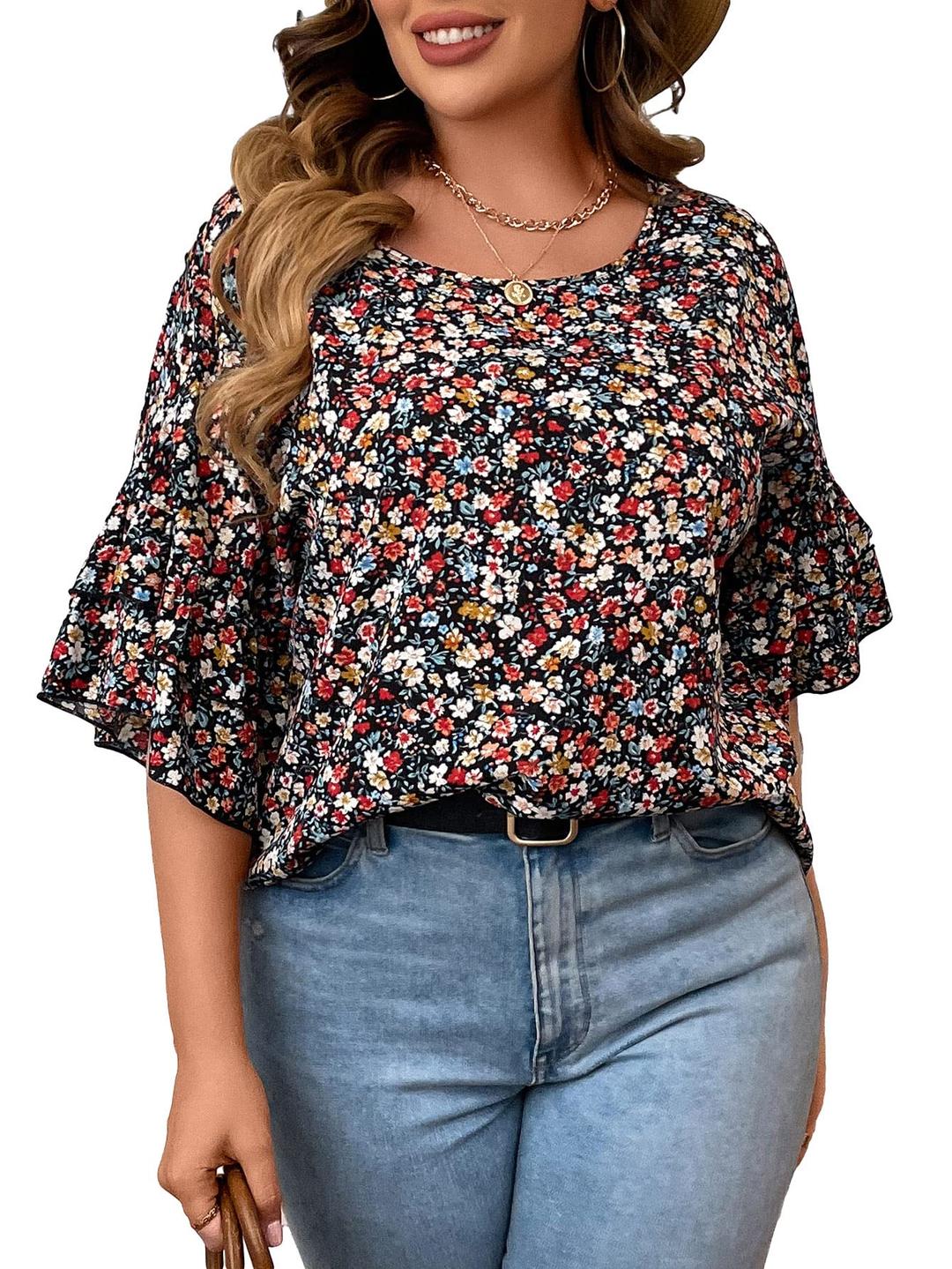 SOLY HUXWomen's Plus Size Ditsy Floral Print Blouse Ruffle Half Sleeve Summer Tops