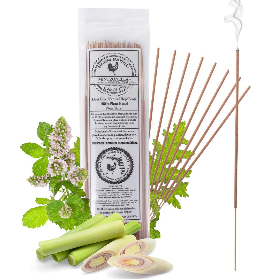 Mosquito Repellent 100 Pack. Made in The USA - Outdoor Patio Sticks - Farm Raised Candles. Fly Repellent Mintronella Mosquito Natural Bug Repellent Camping Essentials citronella Sticks Gnat Repellent