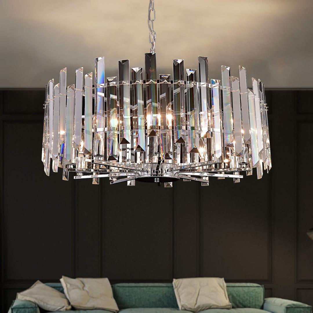 Modern Crystal Chandelier Lighting Chrome Pendant Ceiling Lights Fixture Contemporary Island Chandeliers for Living Room Dining Room Dimmable D27.56