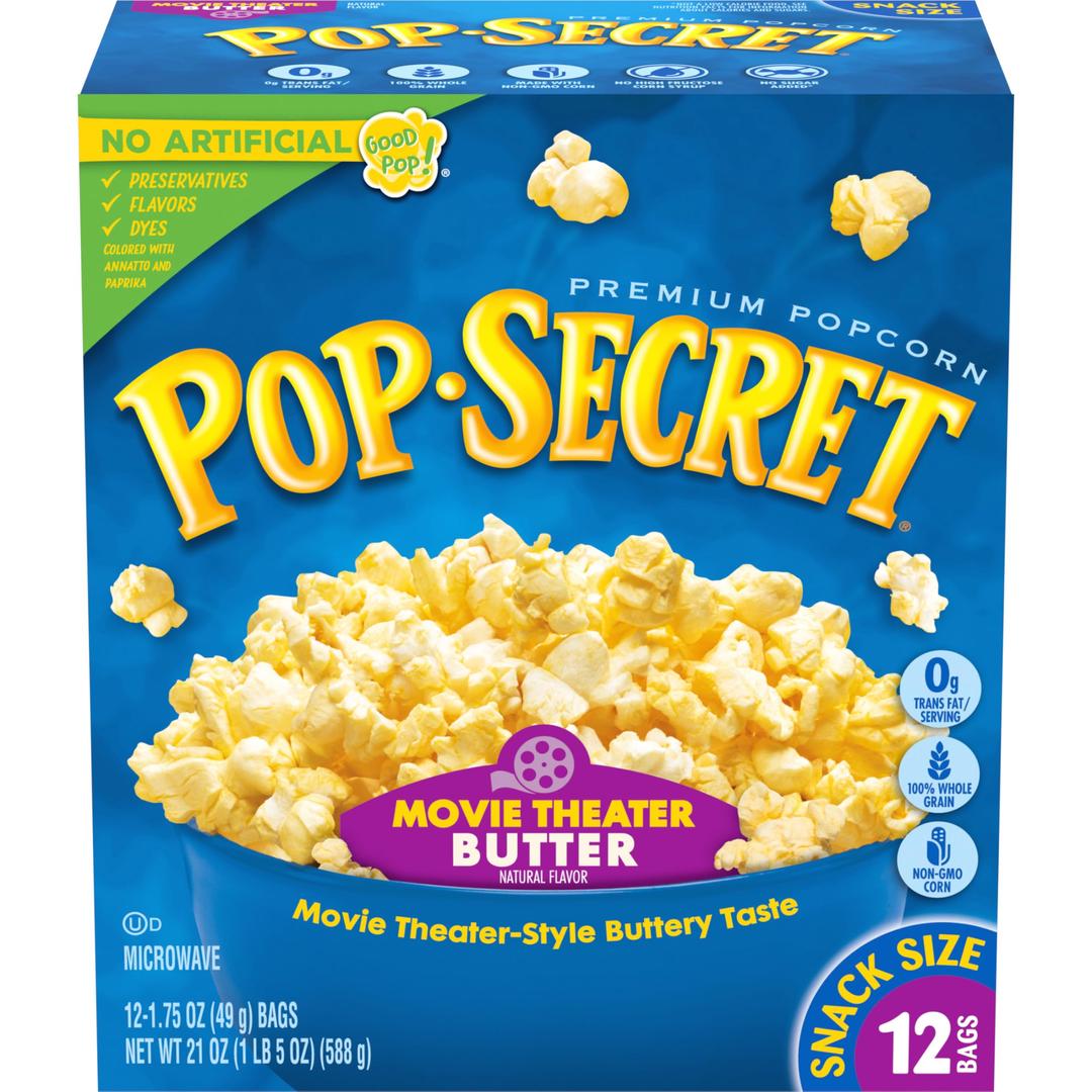 Pop SecretMicrowave Popcorn, Movie Theater Butter Flavor, 1.75 Oz Snack Bags, (Pack of 12)