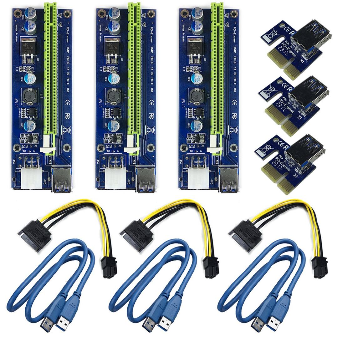 6 Pin PCI-E 1X to 16X Enhanced Powered Riser Adapter Card & USB 3.0 Extension Cable & 6Pin to SATA Power Cable & GPU Riser Adapter, Perfect for GPU Graphic Card Express Ethereum Mining ETH (3PCS)