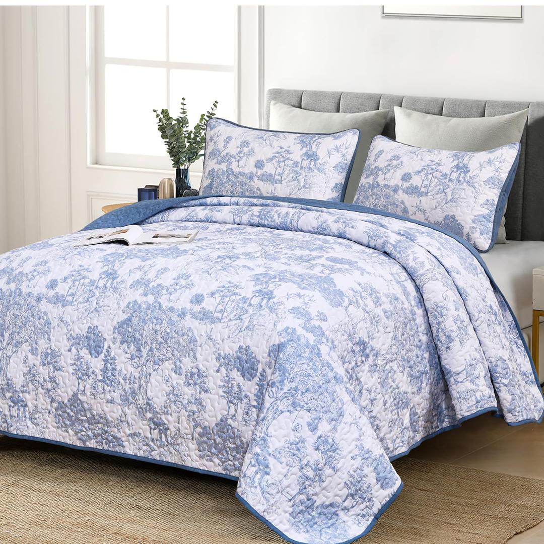 WONGS BEDDING Blue Quilt Set King Size, 3 Pieces Botanical Bedspreads Set Lightweight Microfiber Blue Plants Pattern Coverlet Home Decor for All Seasons(104"×90")