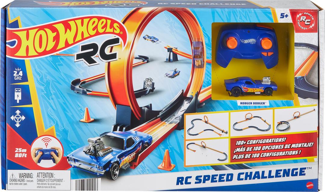 Hot WheelsToy Car RC Track Set with 1:64 Scale Remote-Control Vehicle & 30+ Pieces of Race Track to Create Multiple Configurations