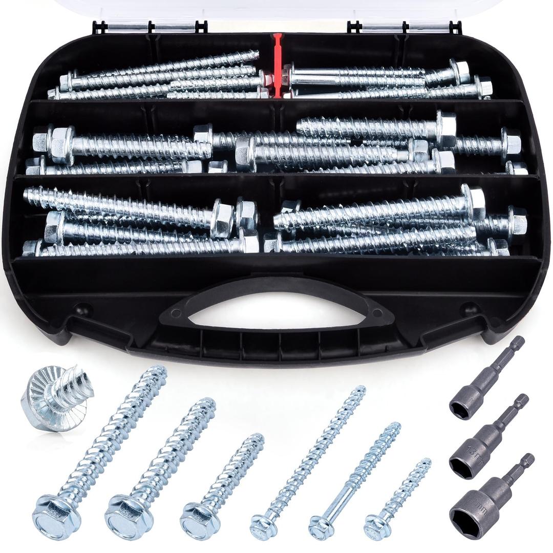 VIGRUE 3/8" 1/4" 5/16" Zinc Plated Large Diameter Concrete Screw Assortment Kit for Anchoring to Masonry, Brick or Block, Includes 2" 3" 4" Length