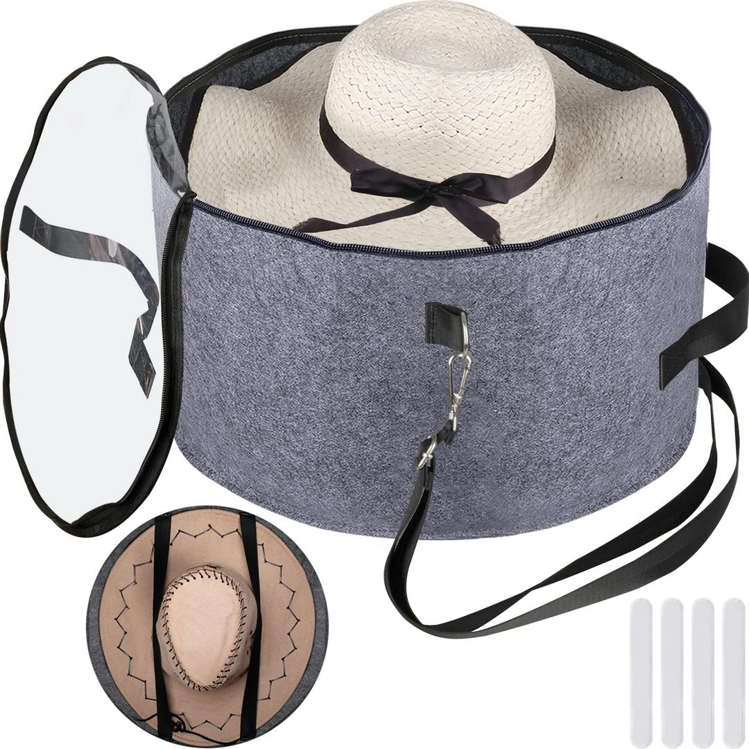 Hat Boxes for Women/Men Storage Large Round Felt Hat Box for Travel Foldable Cowboy Hat Box with Transparent Dustproof Lid Hat Storage Box for Stuffed Toys Clothes 16" D x 11" H-Dark Grey