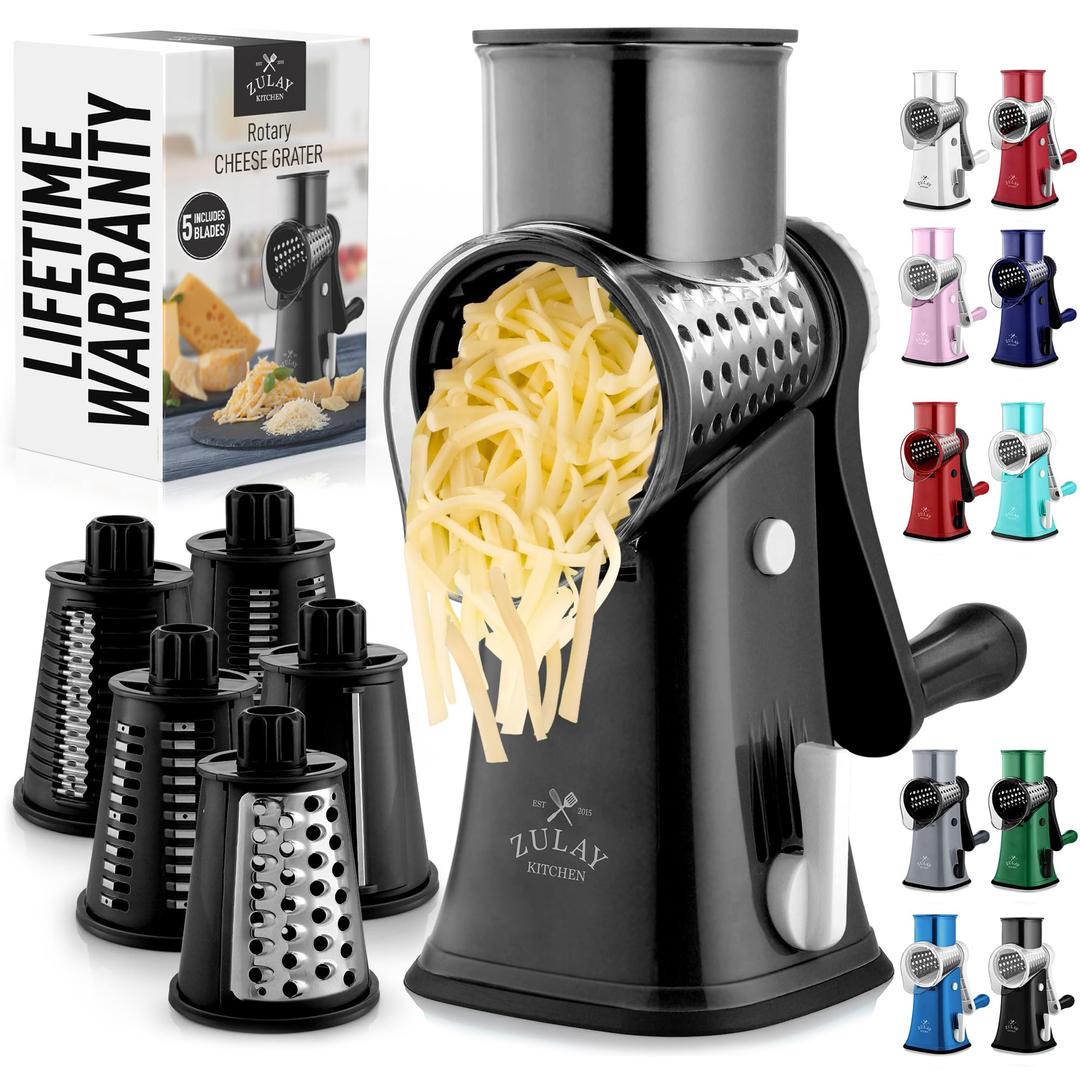 Zulay Rotary Cheese Grater 5 Blade Cheese Shredder - Manual Hand Crank Cheese Grater With Reinforced Suction & 5 Interchangeable Drums - Easy to Use, Vegetable Chopper Round Mandoline Slicer - Black