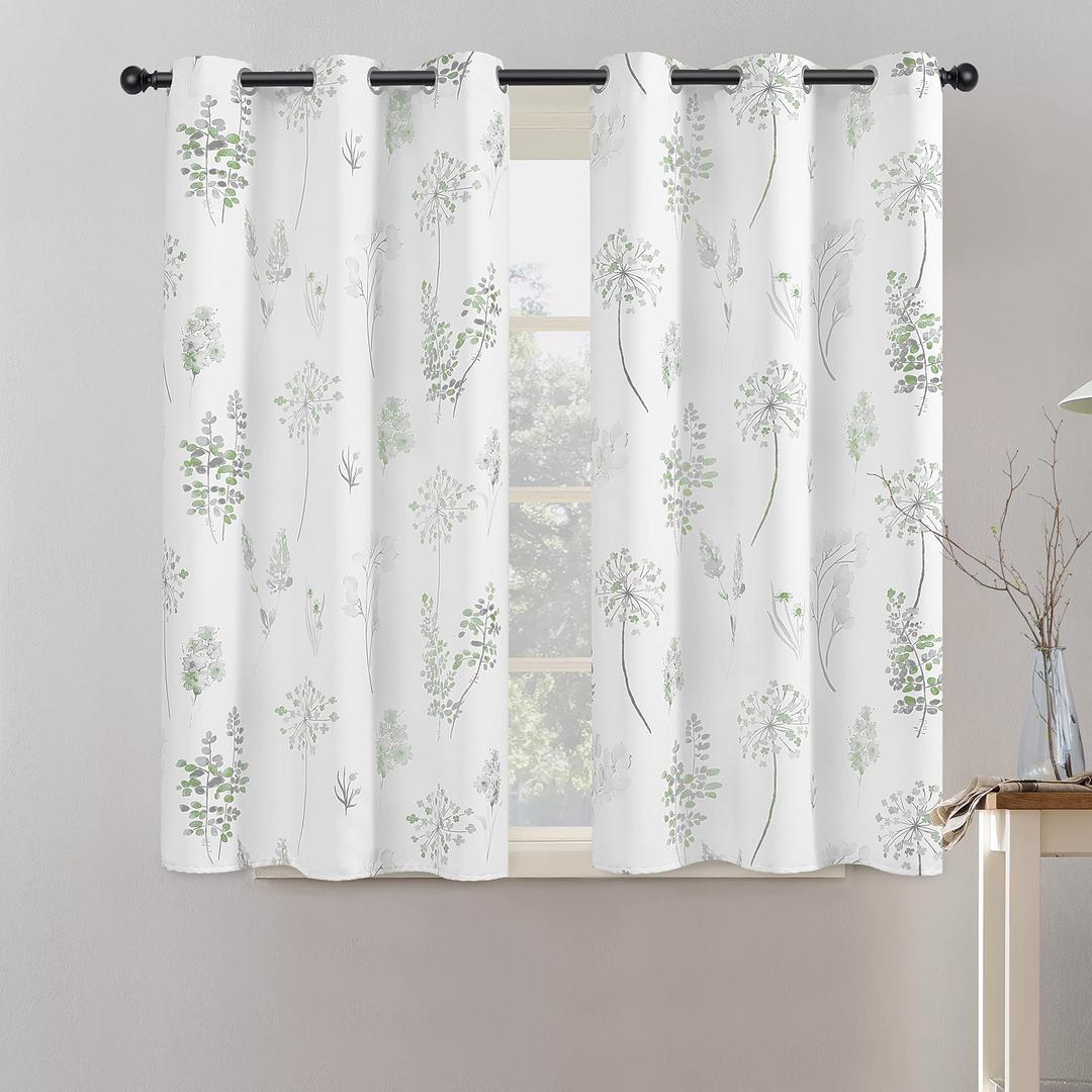 XTMYI Short Bathroom Curtains for Small Window,80% Blackout Watercolor Eucalyptus Wildflowers Boho Curtains for Kitchen Nursery,45 Inch Length,Sage Green and Grey