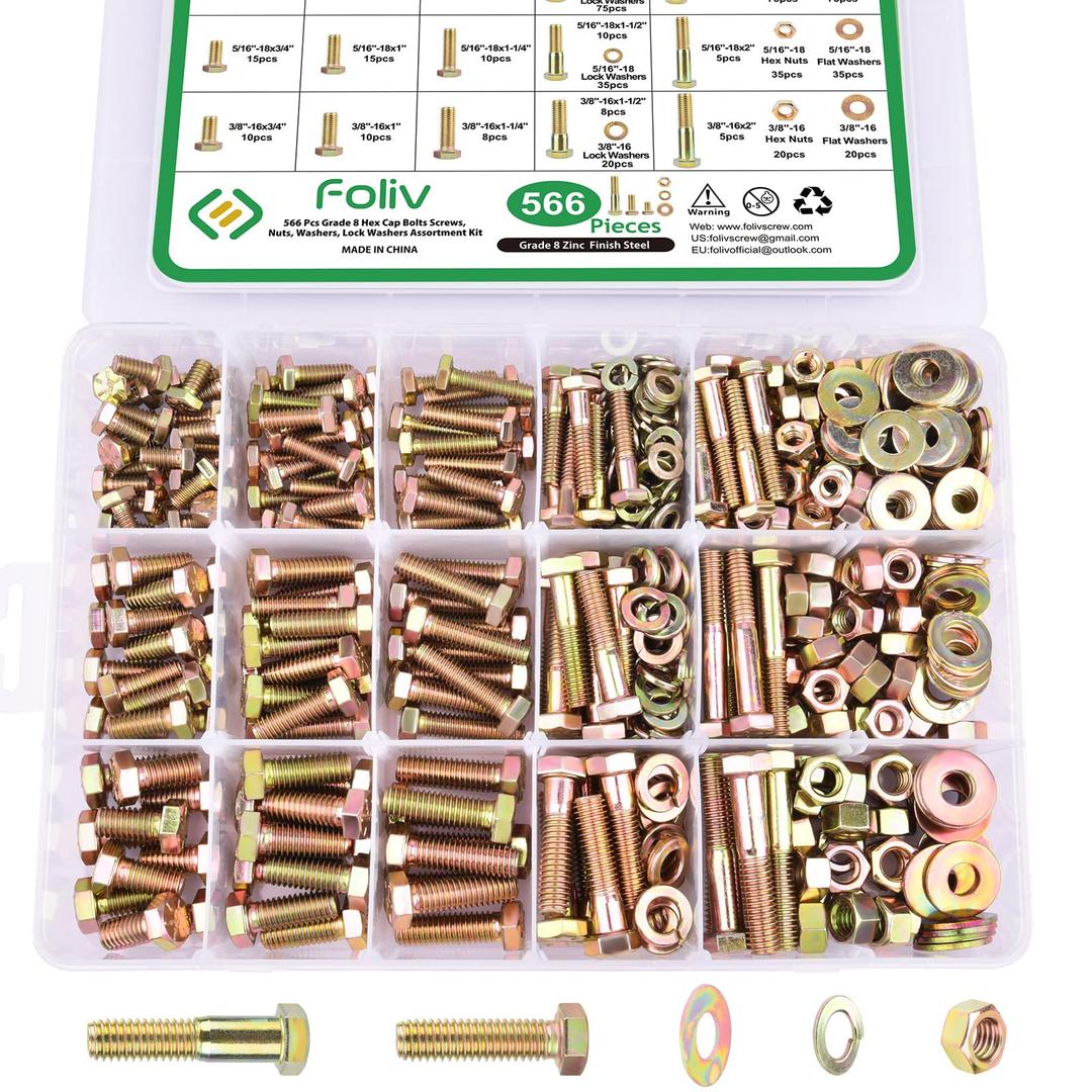 FOLIV 566Pcs Heavy Duty Bolts and Nuts Assortment Kit, Grade 8 Hex Screws Bolts Nuts Kit, 1/4-20 5/16-18 3/8-16, 15 Common Sizes Included