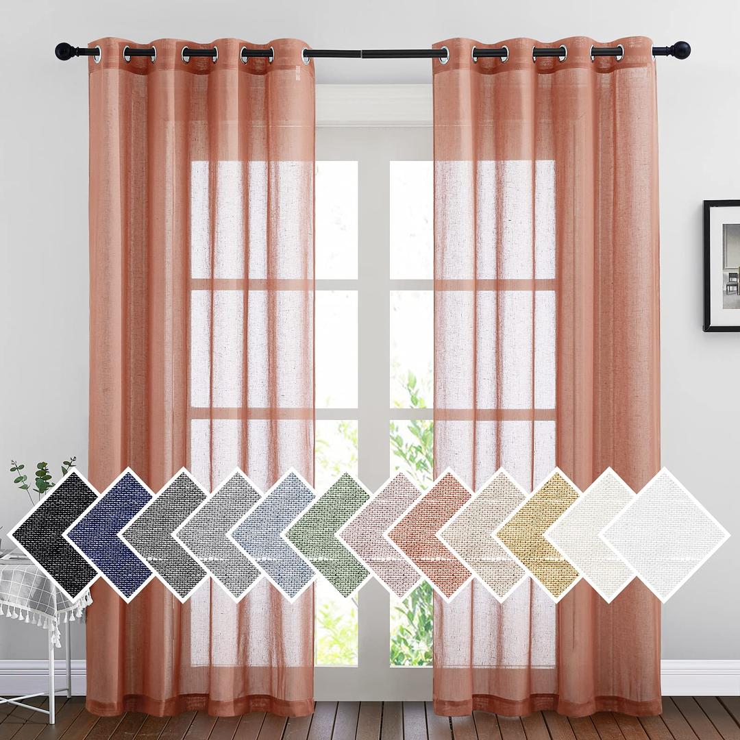 NICETOWN Semi Sheer Linen Curtains, Grommet Top Rustic Linen Burlap Curtains Privacy with Light Through Vertical Drapes for Bedroom/Home Office, Burnt Orange, W52 x L84, 1 Pair