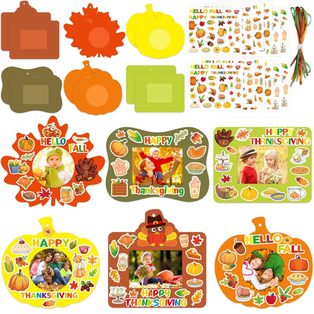 WorldBazaar Fall DIY Picture Frames Craft Kits for Kids 12 Sets Thanksgiving Photo Frame Crafts Thanksgiving Decoration Pumpkin Leaves Party Activity Home Decor