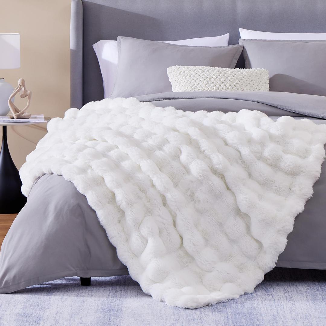 CozyBloom Luxury Soft Faux Rabbit Fur Throw Blanket for Couch Bed, Decorative Long White Plush Blanket, Solid Cozy Fleece Fluffy Blanket, Reversible Thick Warm Blanket for Winter, Twin Size 60"x 70"