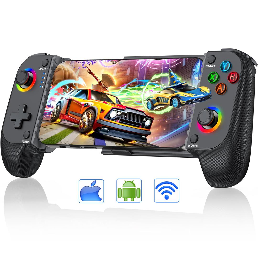 Wireless Phone Controller for iPhone/Android with Hall Joystick, RGB Controller for iPhone Support Xbox Game Pass, PlayStation, Steam Link, Call of Duty, Minecraft, Roblox, Cloud Android Controller