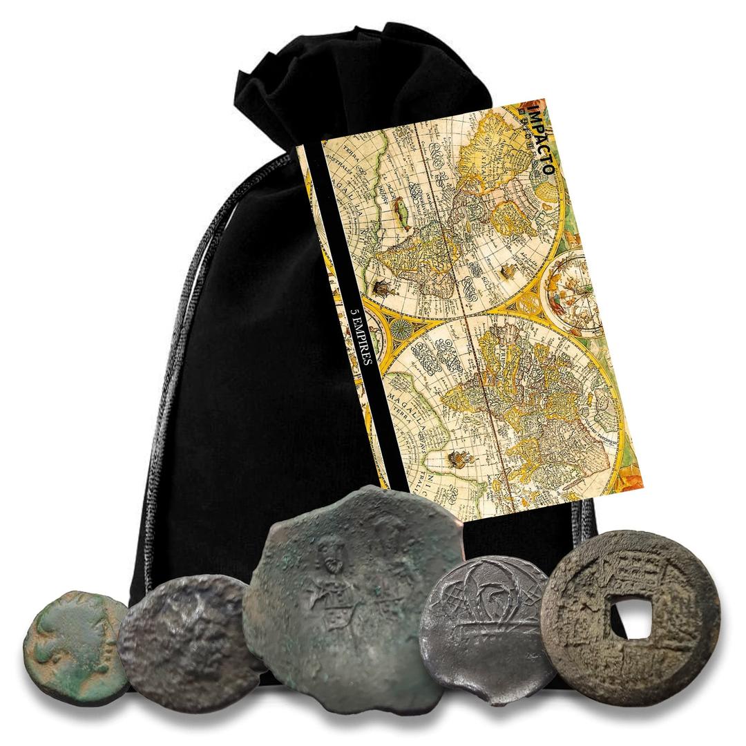 IMPACTO COLECCIONABLES 5 Original Coins from Ancient Empires in a Coin Bag - Greek Empire, Roman Empire, Byzantine Empire, Ottoman Empire and The Last Chinese Dynasty - Limited Collection