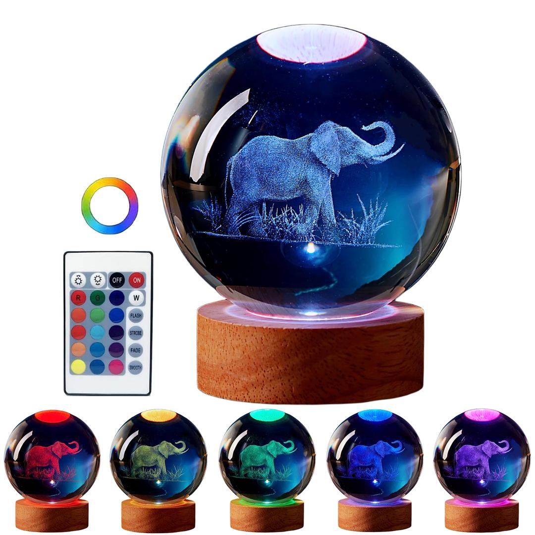 Elephant Lamp,3.15 inch K9 Elephant Crystal Ball Lamp, Elephant Night Light with Wooden LED Base,Glass Ball Lamp with USB, Remote Control,16 Colors Change, Gift Colorful Box (A)