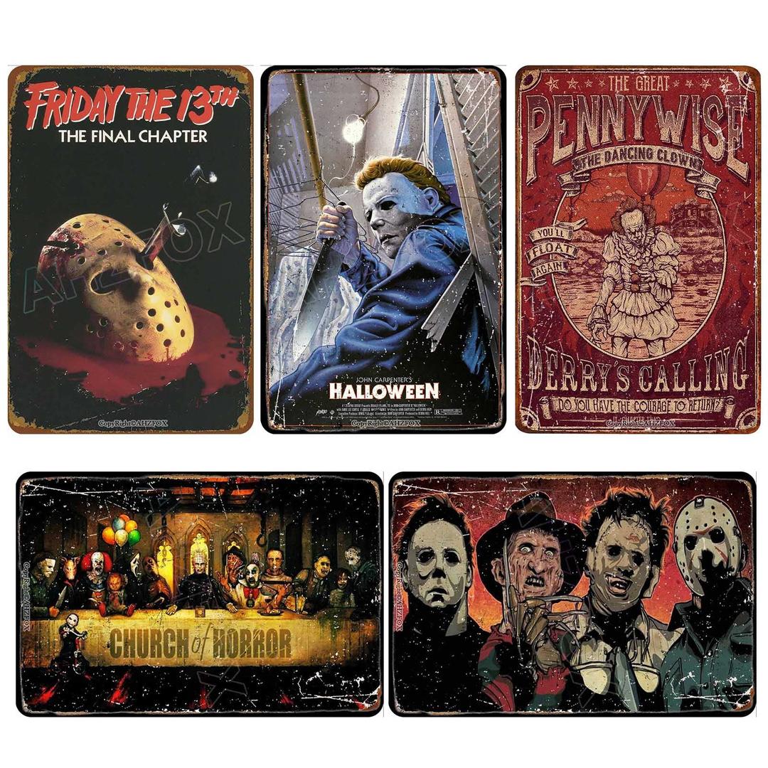 Classic Horror Movie Metal sign Retro Thriller Film Metal Poster Home Theater Bar Man Cave Wall Decor 8" x 12" 5Pcs