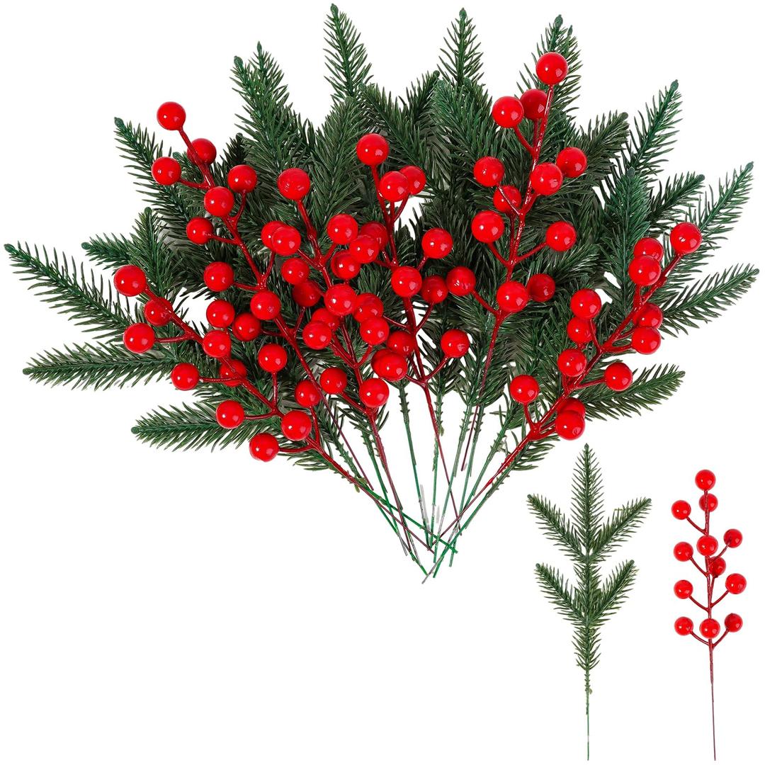 LOVYNO 40PCS Artificial Pine Leaves Branches with 10PCS Artificial Red Berry Stems Christmas Artificial Pine Branches Green Plants Pine Needles for DIY Christmas Garland Wreath Gift Decoration