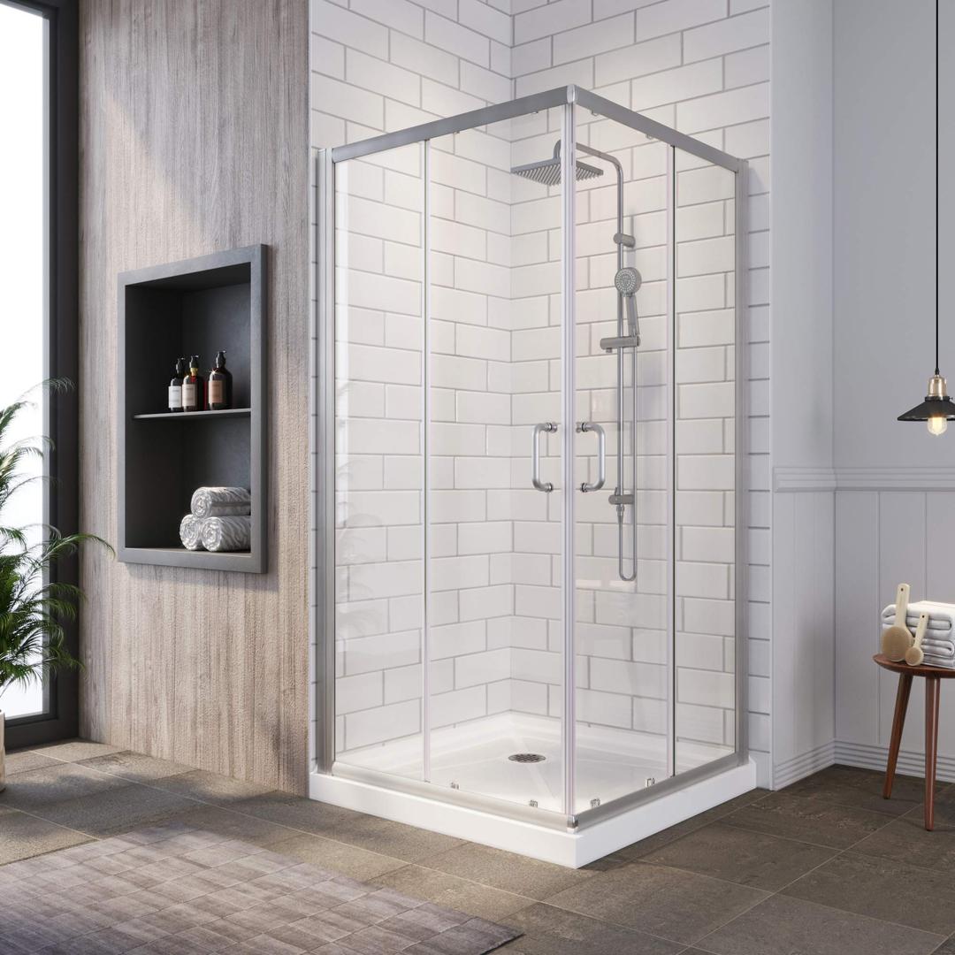 SUNNY SHOWER Corner Shower Enclosure 1/4 in. Clear Glass Sliding Shower Doors, 34 in. X 34 in. X 72 in. Bath Door, Brushed Nickel Finish Corner Shower Glass Enclosure (Shower Base Not Included)