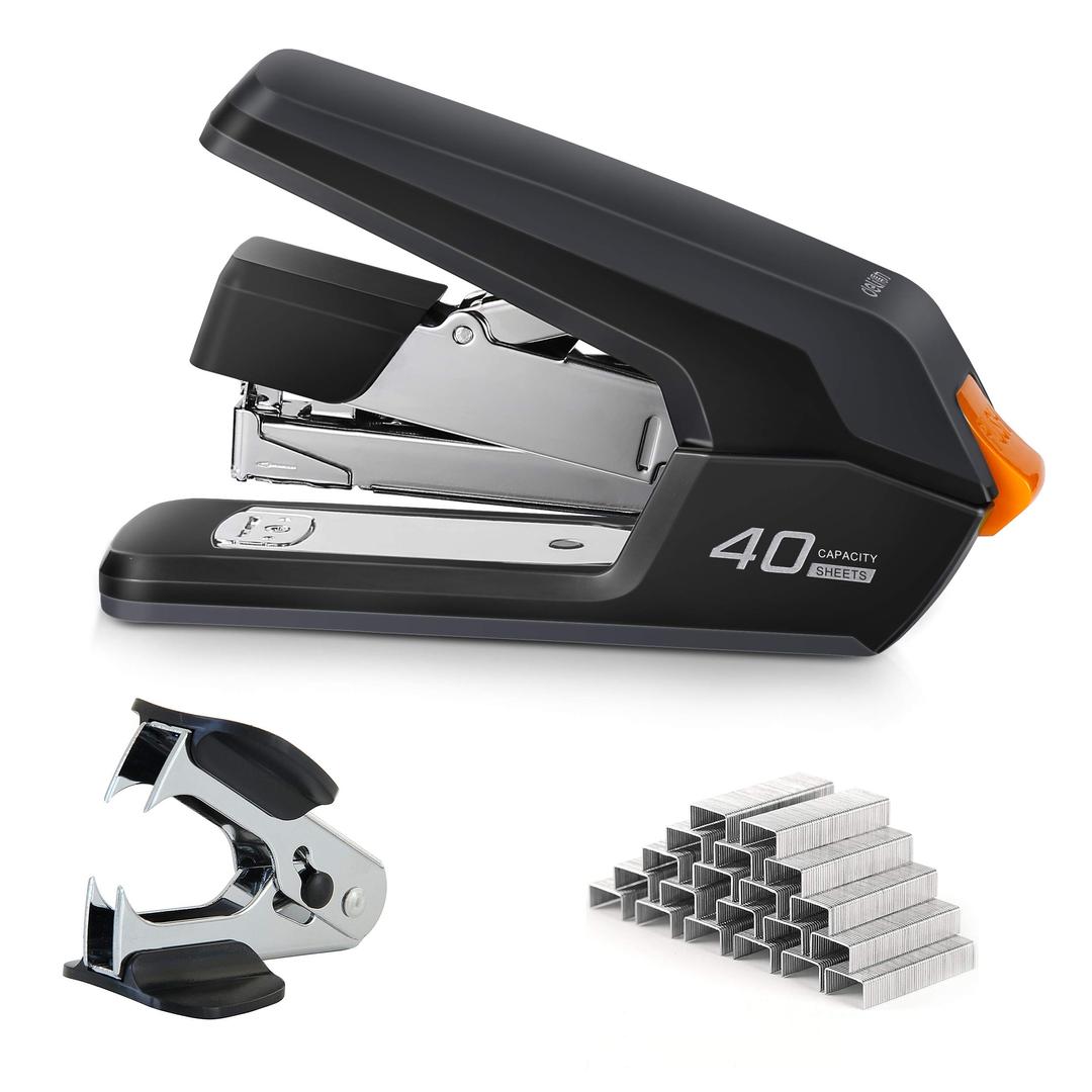 Deli Effortless Desktop Stapler, 40 Sheet Capacity, One Finger Touch Stapling, Easy to Load Ergonomic Heavy Duty Stapler, Includes 1500 Staples and Staple Remover