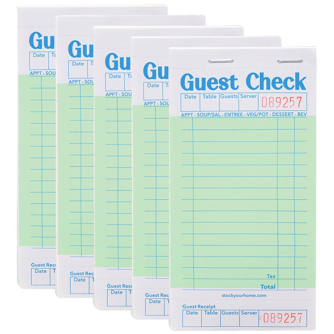 Stock Your Home Green Guest Check Books for Servers (5 Pack) Server Note Pads, Waiter Checkbook, Food Receipt Book, Restaurant Order Pad, Paper Checks, Waitress Accessories, 250 Total Tickets