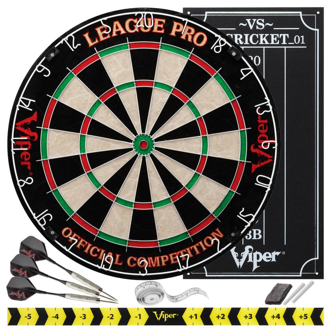 Viper League Pro Regulation Bristle Steel Tip Dartboard Starter Set with Staple-Free Bullseye, Radial Spider Wire, High-Grade Sisal with Rotating Number Ring, Chalk Cricket Scoreboard, Steel Tip Darts