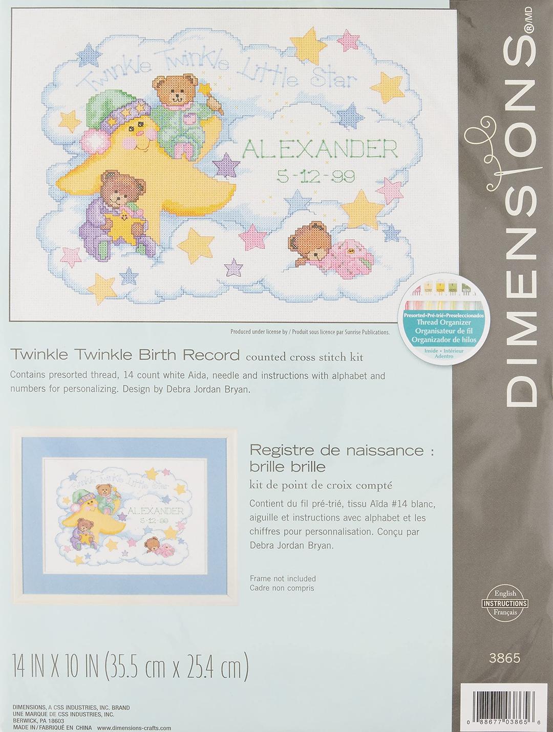 Dimensions Counted Cross Stitch Kit, Twinkle Twinkle Baby Birth Record Personalized, 14 Count White Aida, 14'' W x 10'' H