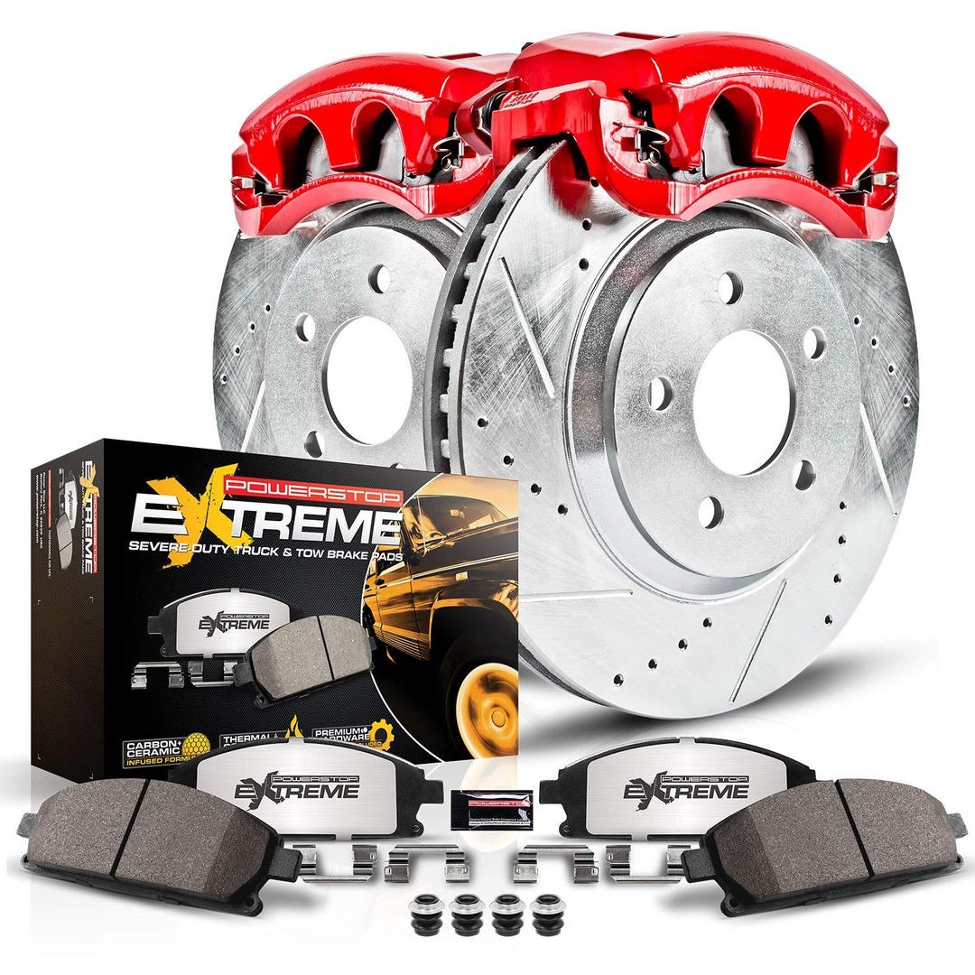 Power Stop KC2069-36 Z36 Truck & Tow Front Caliper Kit with Drilled and Slotted Brake Rotors, Carbon-Fiber Ceramic Brake Pads For Chevy Silverado Tahoe GMC Yukon Sierra Cadillac Escalade