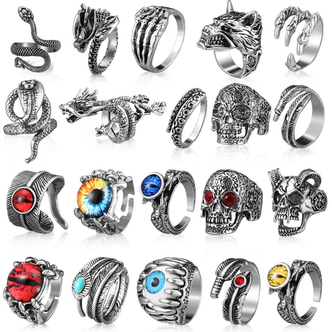 20 Pieces Vintage Punk Rings Set, Stainless Steel Gothic Alloy Biker Adjustable Rings, Skeleton Skull Evil Eye Chinese Dragon Claw Octopus Dragon Rings