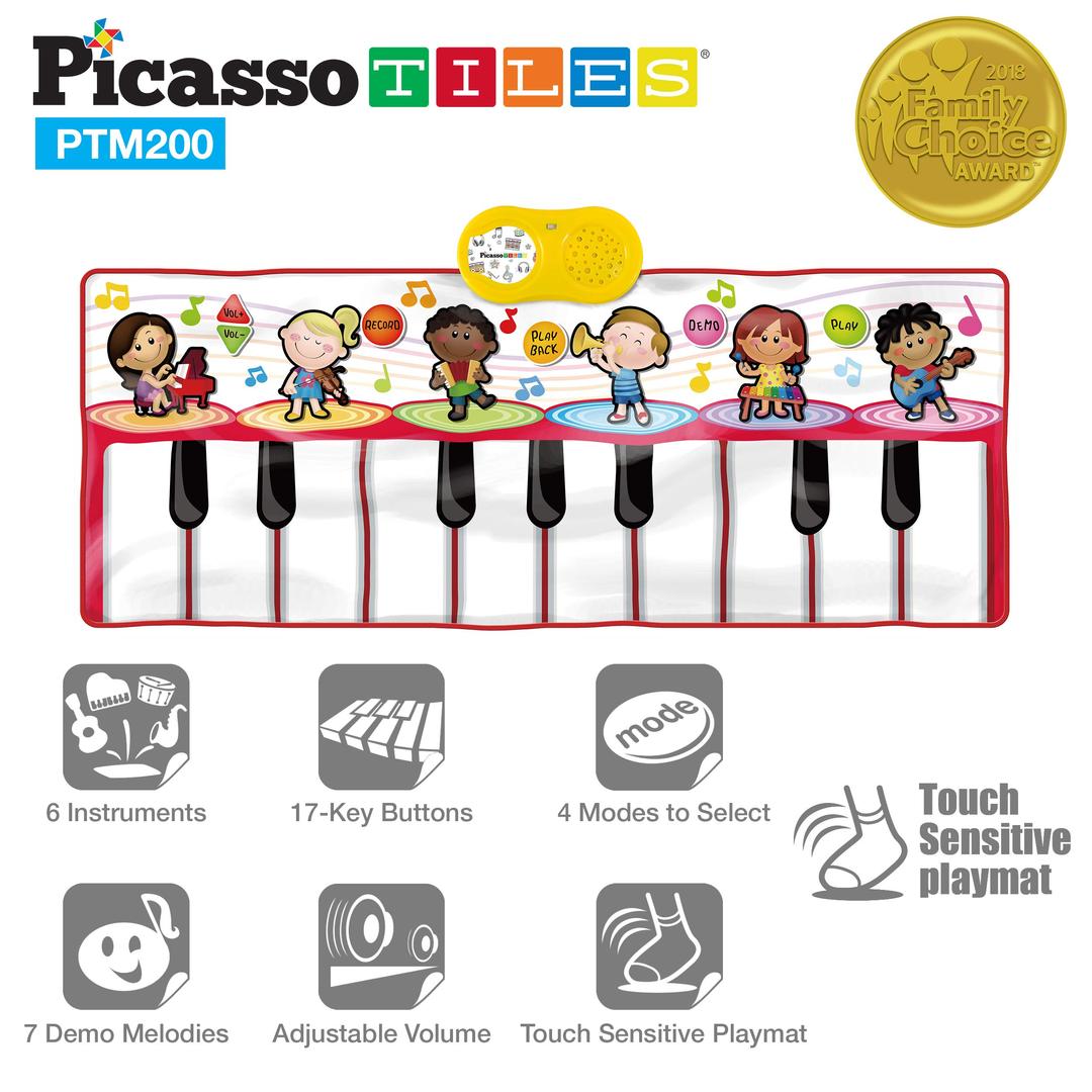 PicassoTiles PTM200 Portable Large Piano Keyboard Educational Musical Playmat w/ 17-Key, 6 Musical Instruments, 7 Demo Songs, Built-in Speaker, Record & Playback for Toddlers and Kids