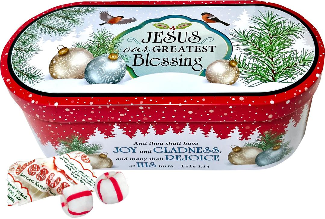 Scripture Candy, Jesus Our Greatest Blessing Christmas Tin, 4 Ounce Soft Peppermint Candy