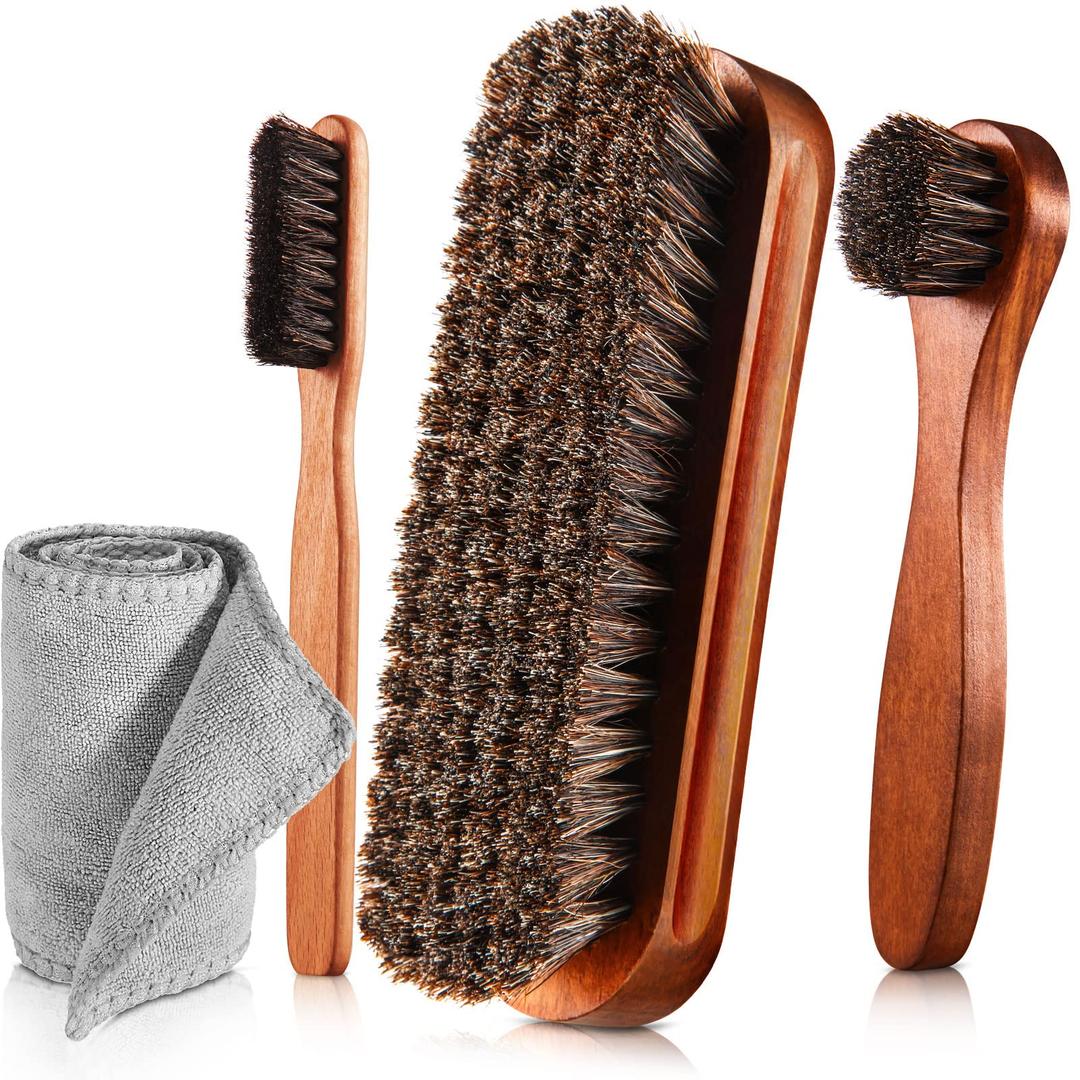 4 Pcs Horsehair Shine Shoes Brush Kit Polish Dauber Applicators Cleaning Leather Shoes Boots Care Brushes Suede Cleaner Brush with Microfiber Shoe Cloth(4 Pcs Style A)