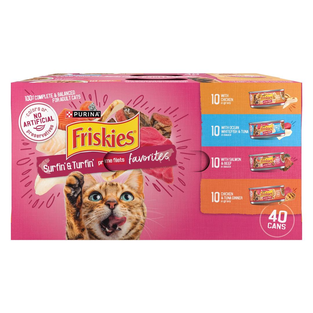 Purina Friskies Gravy Wet Cat Food Variety Pack, Surfin’ and Turfin’ Prime Filets Favorites - (Pack of 40) 5.5 oz. Cans