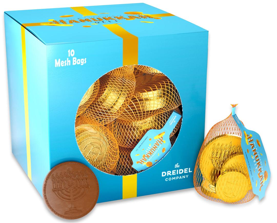 The Dreidel Company Original Hanukkah Chocolate Gelt Gold Coins, Mesh Bags, Made with Premium Belgian Milk Chocolate, Gluten Free, Non-GMO, Kosher Certified (Single, 10 Mesh Bags)