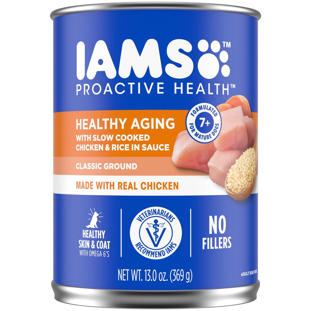 IamsProactive Health Healthy Aging Wet Dog Food Classic Ground with Slow Cooked Chicken and Rice, 13 oz. Cans, Pack of 12