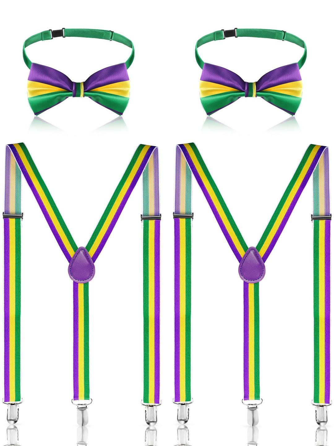 4 Pieces Mardi Gras St. Patrick's Day Costume Suspenders and Bowtie Set, Adjustable Elastic Y Back Style Suspender Party Supplies Suspenders Shoulder Straps for Boys and Men