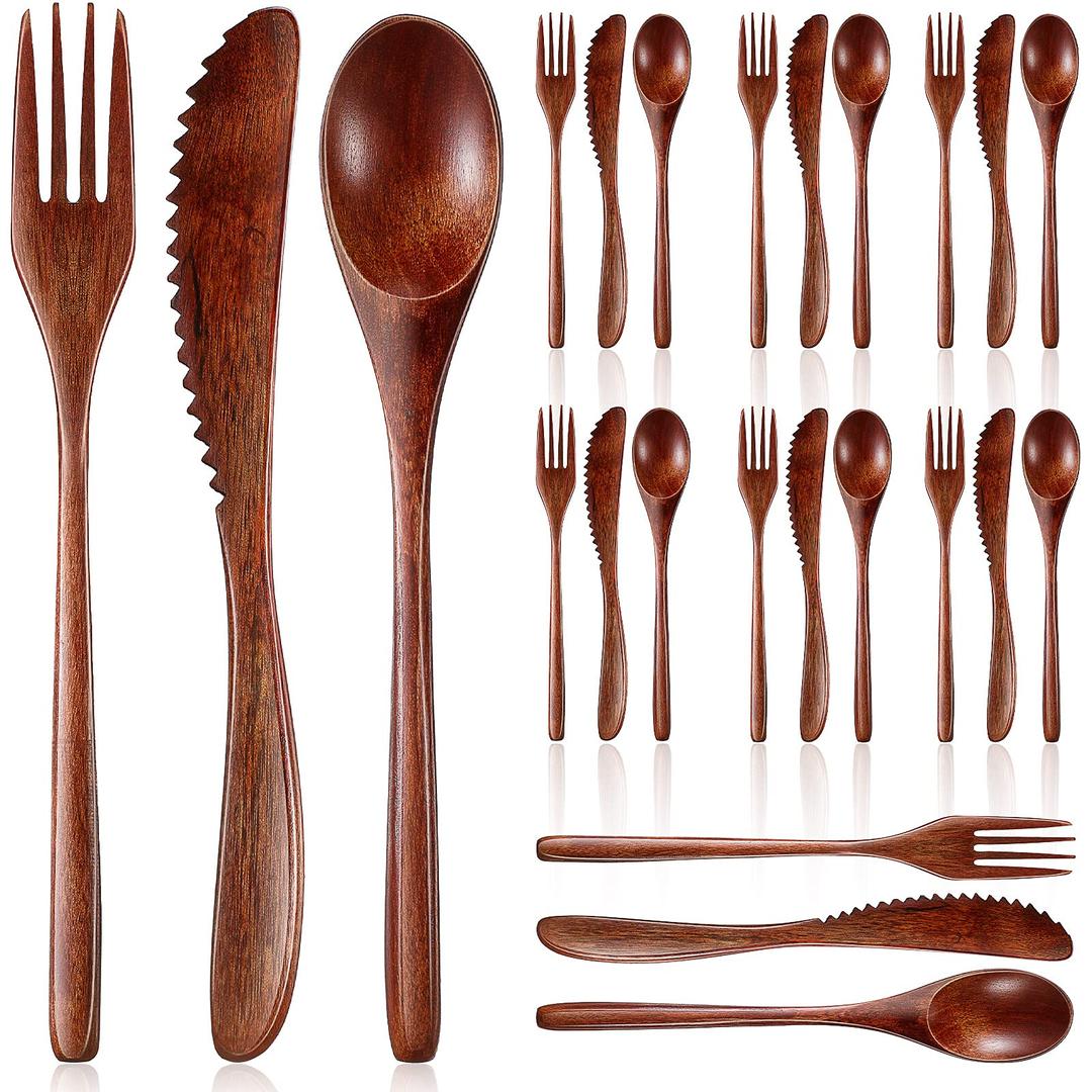 Wooden Spoon Wooden Dinner Utensil Set Kitchen Wooden Flatware Tableware Cutlery Set Includes Wooden Spoon, Fork, Knife (24 Pieces)